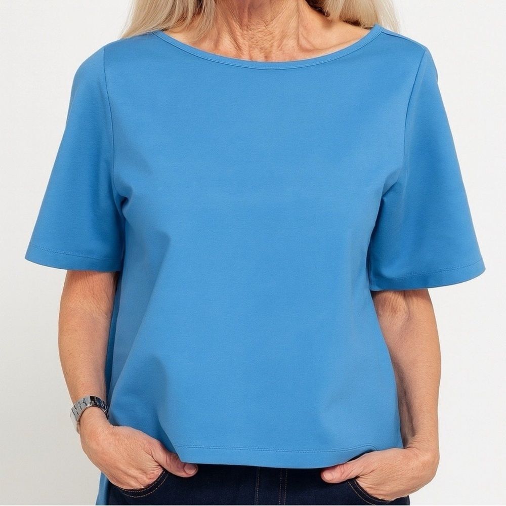 Betabrand Women's Boxy Short Sleeve High Low Top
Blue Ponte Knit Size L